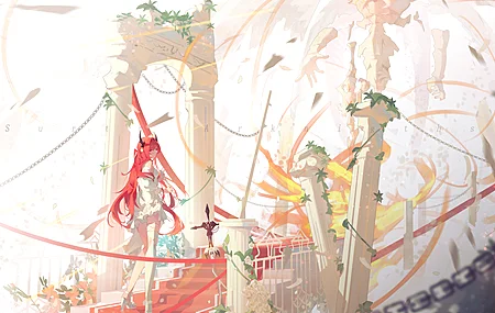 绝美长发 红发 动漫 女孩 神枪手 楼梯 骑士 紫色 眼睛 柱子 链子 高跟鞋 花 长腿 电脑 手机壁纸 8000×5346