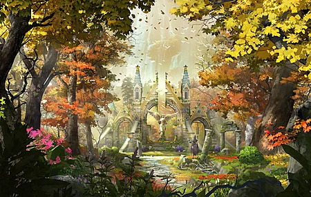 AI艺术 建筑 幻想艺术 树木 树叶 城堡 秋天 自然 雕塑 落叶 天使 电脑 4K高清壁纸 3840×2160