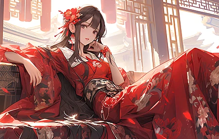 经典红色服装 头花 坐着 电脑 高清壁纸 3840×2160