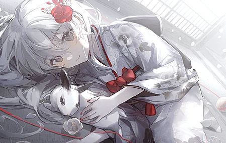 热门灰色的眼睛 微笑 长发 动漫女孩 和服 花 银发 兔子 壁纸 4093×2894