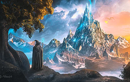 高清米凯莉 魔术师 甘道夫 风景 自然 奇幻艺术 树木 山脉 天空 岩石 龙 日落 云 指环王 电脑 壁纸 4499×2160