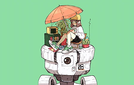 动漫女孩 漫画 阳伞 简单背景 动漫 机甲 绿色 护眼 电脑 壁纸 4600×2588