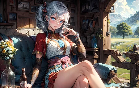 超清女人 蓝眼睛 白发 短发 大腿 艺术 动漫 服装 动漫女孩 电脑 壁纸 3840×2160