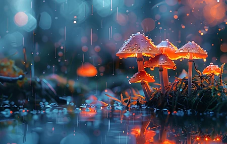 蘑菇 雨 发光 蓝色 电脑 壁纸 5824×3264