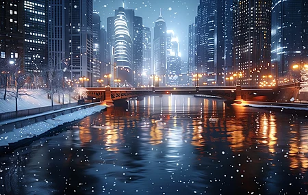 经典AI艺术 桥梁 冬天 雪 水 城市 电脑 壁纸 5824×3264