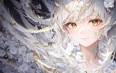 白发 长发 动漫 动漫女孩 黄眼睛 鲜花 白色衣服 电脑 壁纸 5120×3840