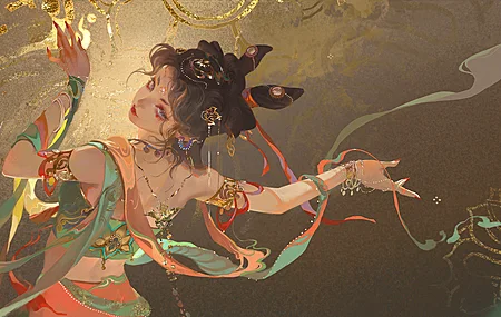 女人 黄金 舞蹈 极简主义 敦煌壁画 电脑 壁纸 6530×2959