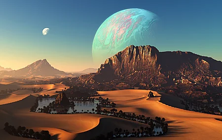 AI艺术 自然 风景 沙漠 绿洲 行星 山脉 沙子 棕榈树 电脑 手机壁纸 5120×2880