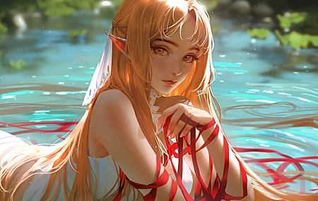 长发 刀剑神域 插图 兽耳 模糊 水 动漫女孩 电脑 壁纸 6956×3897