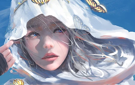 热门蓝眼睛 梦幻女孩 女人 脸 蝴蝶 兜帽 电脑 高清壁纸 4964×3259