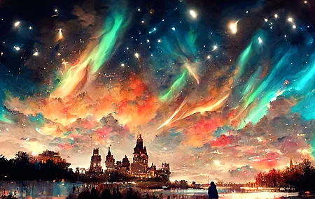 风景 夜晚 极光 城堡 王国 湖泊 树木 星星 云 电脑 4K高清壁纸 4036×2178