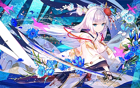 经典蓝眼睛 富士 碧蓝航线 动漫女孩 服装 武侠 银发 鲜花 电脑 壁纸 4800×2700