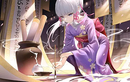 热门电子游戏角色 白发 蓝眼睛 练习书法的女孩 和服 高清壁纸 3840×2160