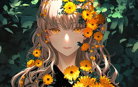 超清动漫 动漫女孩 植物 鲜花 向日葵 黄眼睛 哭泣 桌面壁纸 3840×2160