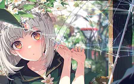 超清白发 动漫 动漫女孩 雨伞 黄眼睛 校服 手机壁纸 4096×2856