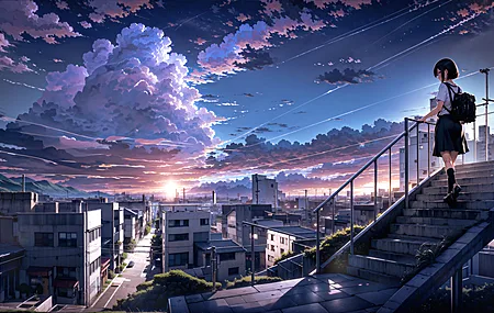 经典女人 短发 深色头发 女学生 楼梯 校服 夕阳辉光 高清壁纸 3840×2160