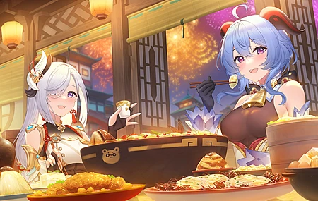 女孩 奇幻女孩 原神 食物 筷子 青发 壁纸 6999×3937