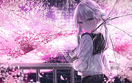 纯帕库卡伦 动漫女孩 校服 水手服 哭泣 雨 樱花 波克 夜 绘画 高清壁纸 3840×2160