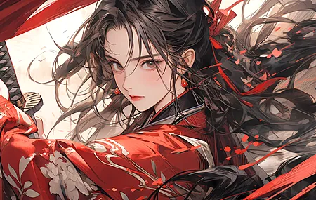 超清艺术 AI艺术 武士刀 红色衣服的女孩 壁纸 3840×2160