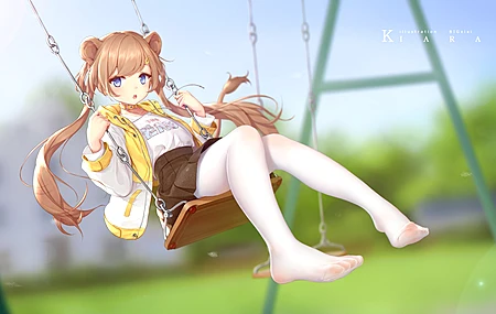 超清脚 金发 蓝眼睛 动漫女孩 秋千 双尾 动漫 裤袜 无水印壁纸 3840×2160