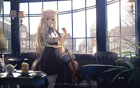 原创人物 猫女孩 长发 辫子 小 大腿 萨吉里 乌尔法 微笑 金发 动漫 动漫女孩 AI艺术 肖像 小提琴 茶 长裙 棕色眼睛 兽耳 室内 4K高清壁纸 5000×2500
