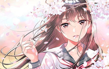 超清长发 女学生 原创人物 盛仓恩 深色头发 AI艺术 动漫 动漫女孩 素描 数字绘画 校服 自然 樱花 肖像 插图 环境 棕色眼睛 4K壁纸 3840×2160