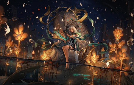 坐着 闭着眼睛 长发 脚 白发 神枪手 斯卡迪 动漫女孩 手套 蜡烛 水 动物 壁纸 7802×5363