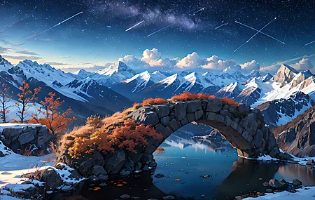 绝美艺术 雪峰 水 拱桥 积雪 山 枫叶 自然 雪 反射 星星 星空 天空 高清壁纸 3840×2160