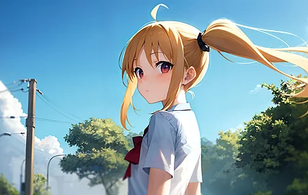 马尾辫 女学生 动漫女孩 艺术 动漫 云 树 校服 回头看 壁纸 3840×2160