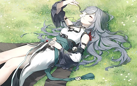 富华 长发 仰卧 幻想女孩 腿 头发在脸上 闭上眼睛 动漫 动漫女孩 灰色头发 花 幻想艺术 草 户外 4K壁纸 4500×2781