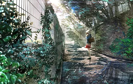 唯美女学生 动漫女孩 树叶 袋 阳光 校服 围栏 反射 水坑 桌面壁纸 4096×2650