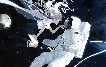 热门白发 个人资料 动漫 动漫女孩 地球 月球 太空 星星 宇航服 壁纸 3840×2160