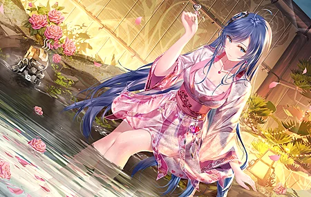 热门长发 蓝头发 蓝眼睛 纯帕库卡伦 坐着 和服 温泉 动漫女孩 高清壁纸 4671×2640