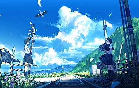 热门手指 站立 校服 动漫 女孩 铁路 道口 积云 黑裙子 风 云 鸟 花 天空 黑袜子 树叶 花束 高清壁纸 4096×2304