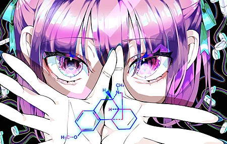 紫色头发手 手指 短发 脸 指甲 动漫 女孩 药物 化学结构 黑色背景 分子模型 药丸 眼睛特写 壁纸 5000×2813