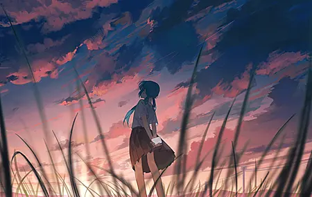 站立 蓝色头发 长发 初音未来 云 草 裙子 短袖 白衬衫 棕色裙子 双马尾 天空 校服 日落 4K高清壁纸 3840×2160