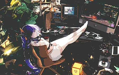 热门女性 蓝头发 马尾辫 游戏 玩家 紫头发 坐着 绘画 动漫 女孩 白色连衣裙 插图 白色丝袜 游戏室 高清壁纸 3840×2160
