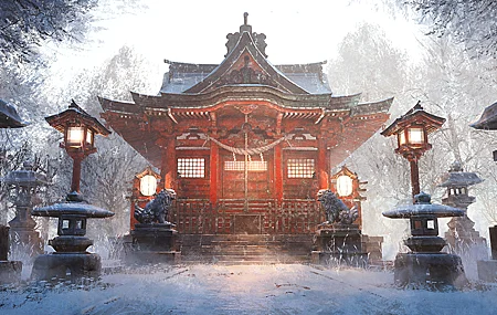 唯美建筑 雾 雪 树木 灯笼 超宽 数字艺术 台阶 雕像 绳索 高清壁纸 5900×2700