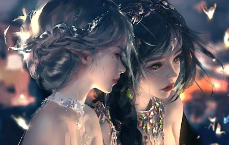 唯美WLOP 口红 短发 长发 痣 白发 女性 尖耳朵 黑发 模糊背景 项链 壁纸 8800×5097