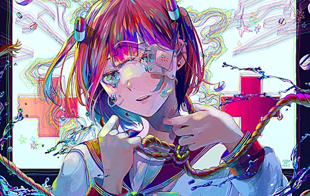 短发 女学生 多色眼睛 多色头发 动漫 女孩 水手制服 绳索 补丁 眼罩 哭泣 水滴 彩色 校服 创可贴 壁纸 4093×2894