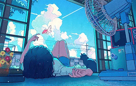绝美动画 漫画 夏天 云 天空 蝴蝶 动漫 女孩 猫 电视 鱼 花 蓝色 插图 灯 4K壁纸 3840×2160
