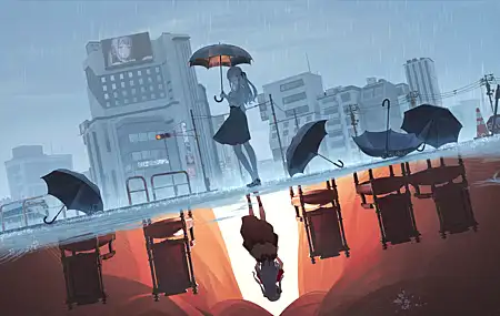 高清蓝发 长发 伞 镜子 城市 雨 红绿灯 壁纸 5613×3157