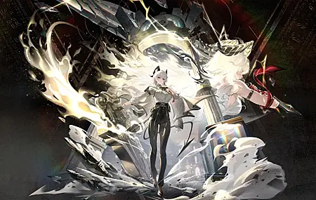 白发 短发 电子 游戏 女孩 呼啸波 扎尼 恶魔角 白衬衫 黑裤子 领带 恶魔 尾巴 壁纸 5120×2880