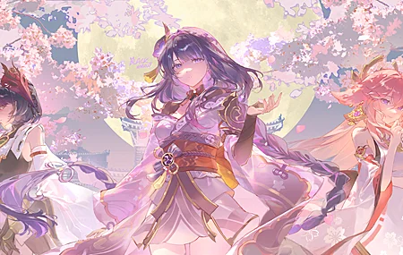 高清女性 长发 户外 满月 动漫 女孩 樱花 九条萨拉 头饰 花朵 花瓣 紫色 眼睛 春天 夜晚 无水印壁纸 5500×2592