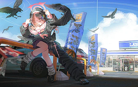 坐着 女学生 动漫 女孩 停车 乌鸦 汽车 杂志 云 天空 翅膀 书籍 袜子 裙子 夹克 蓝色档案 小春 校服 阳光 商店 4K高清壁纸 4134×2326