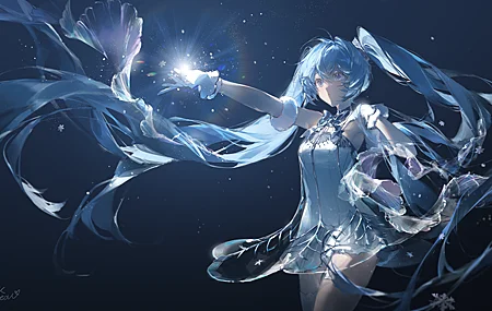 蓝眼睛 长发 蓝头发 站立 初音未来 动漫 女孩 透视 简单背景 连衣裙 宽屏 手套 发光 雪花 双胞胎 4K高清壁纸 4800×2700