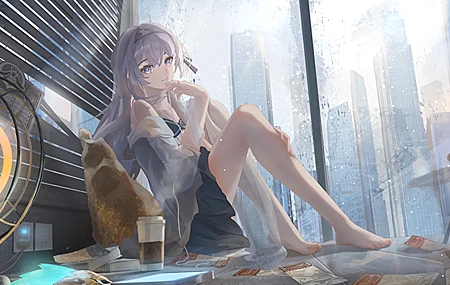 唯美少女 休闲 玻璃 窗 女孩 坐着 咖啡 暖炉 无水印壁纸 3840×2160