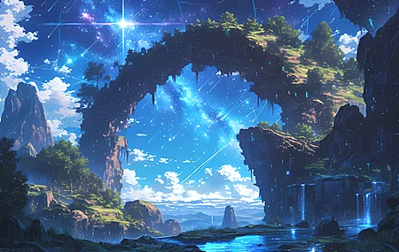 山桥 唯美 梦幻 星空 4K 风景流星 云海 4K高清壁纸 3840×2160