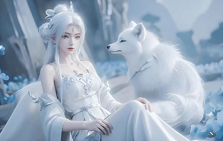 绝美白发 美女 白狐 唯美 古风 玄幻 幻想 壁纸 3840×2280