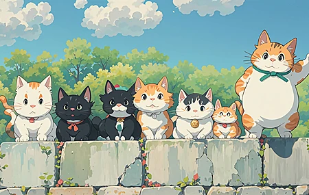 可爱 猫咪排队 云海 围墙 壁纸 3840×2160